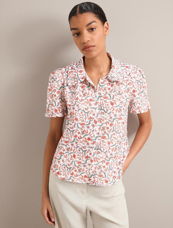 Kitty Silk Blend Blouse - Red Trailing Feather Print