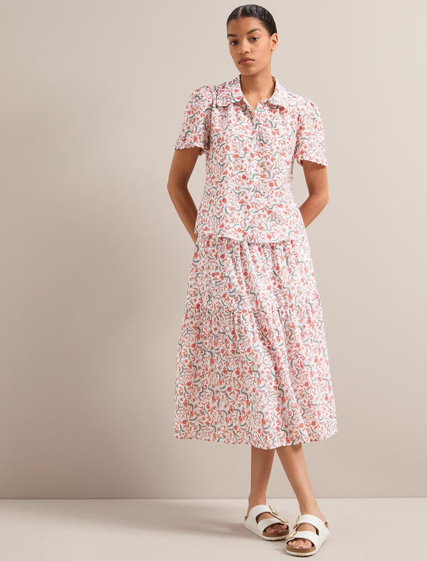 Kitty Silk Blend Blouse - Red Trailing Feather Print