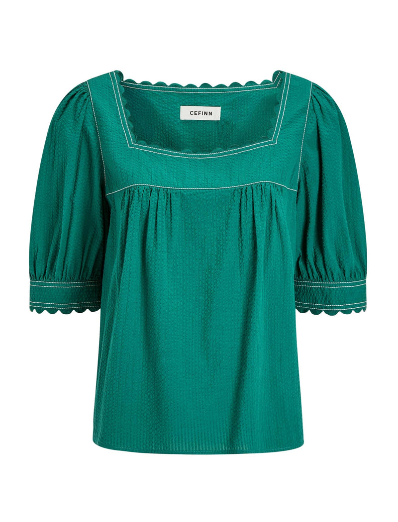 Shannon Cotton Seersucker Blouse - Dark Green