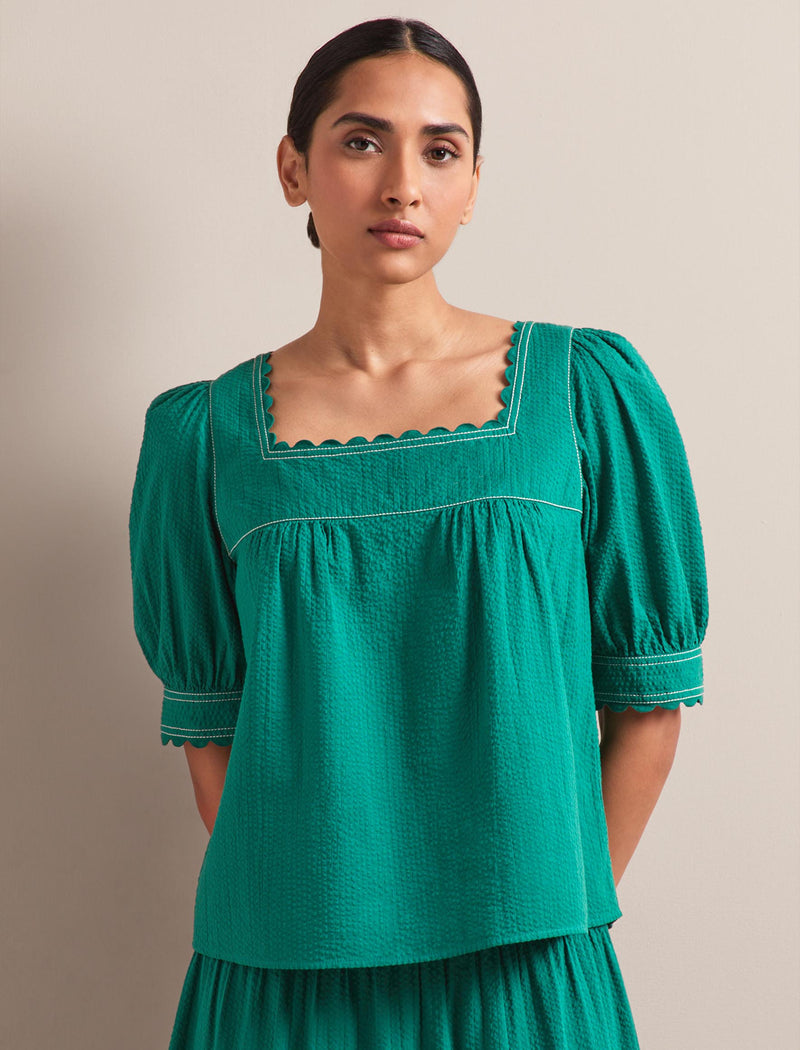 Shannon Cotton Seersucker Blouse - Dark Green
