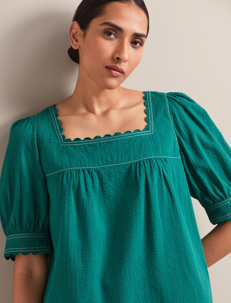 Shannon Cotton Seersucker Blouse - Dark Green