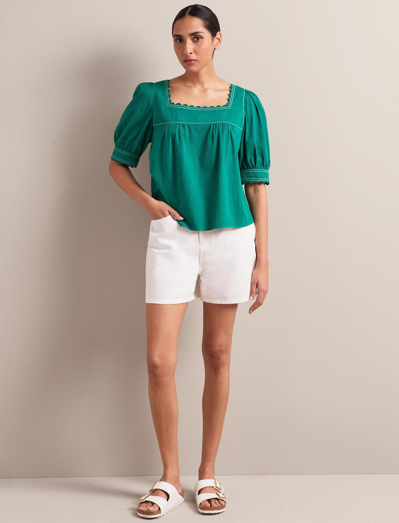 Shannon Cotton Seersucker Blouse - Dark Green