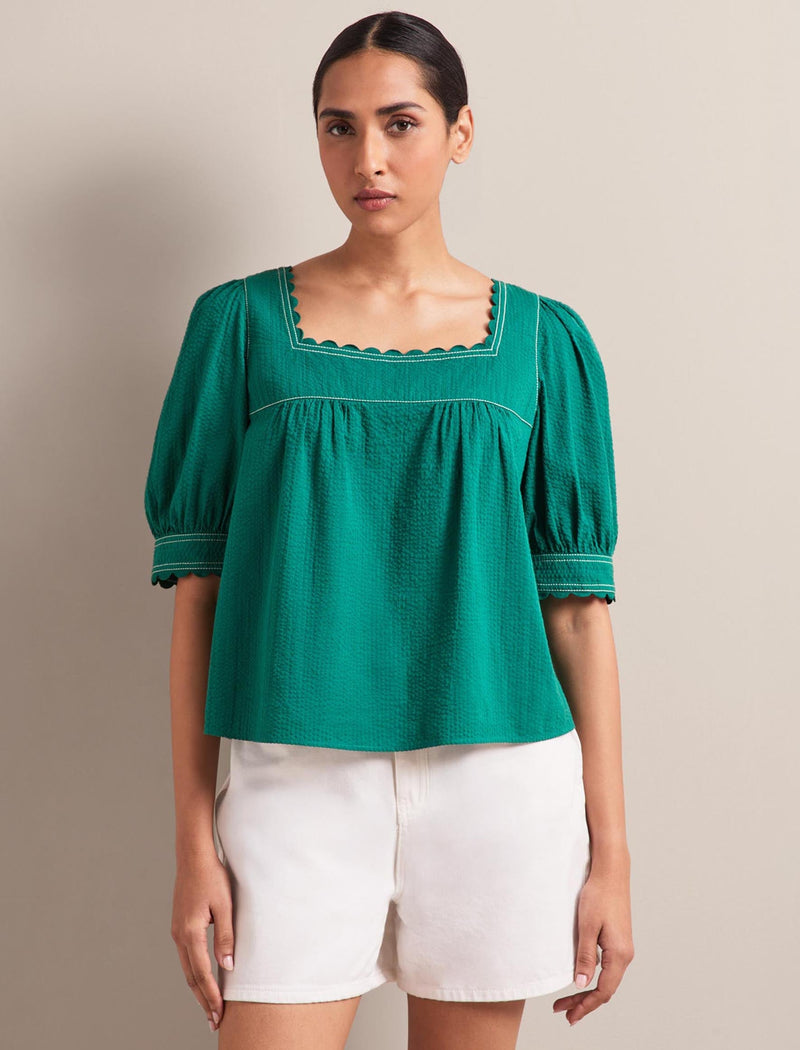 Shannon Cotton Seersucker Blouse - Dark Green