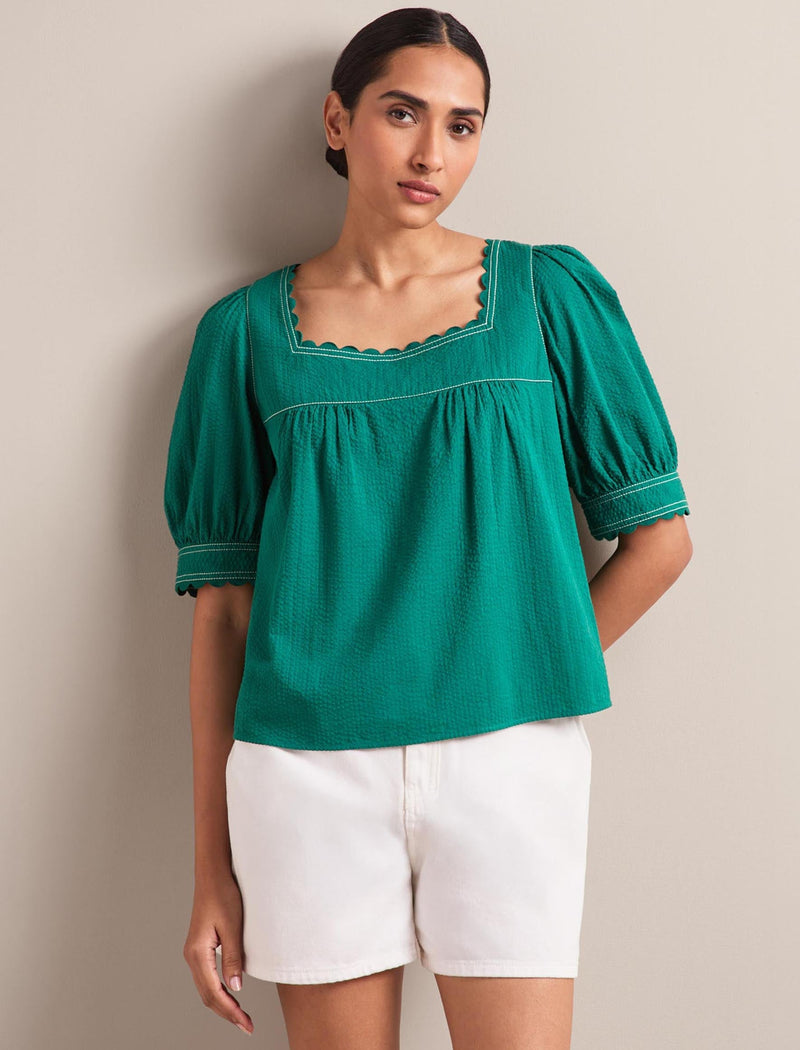 Shannon Cotton Seersucker Blouse - Dark Green