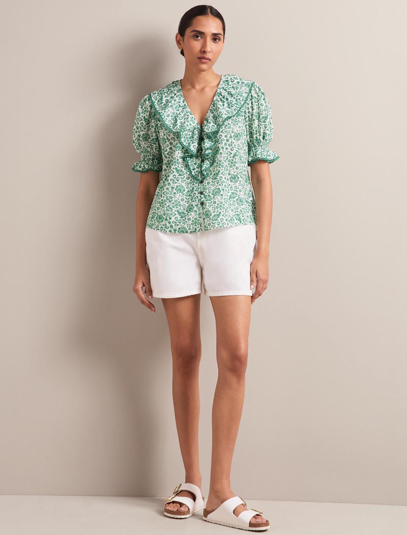 Bethany Cotton Blend Blouse - Green Mono Floral Print