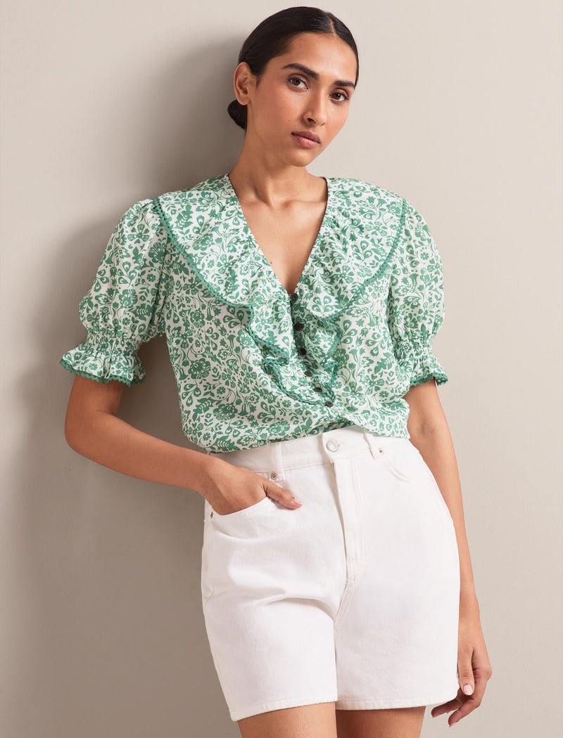 Bethany Cotton Blend Blouse - Green Mono Floral Print