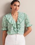 Bethany Cotton Blend Blouse - Green Mono Floral Print