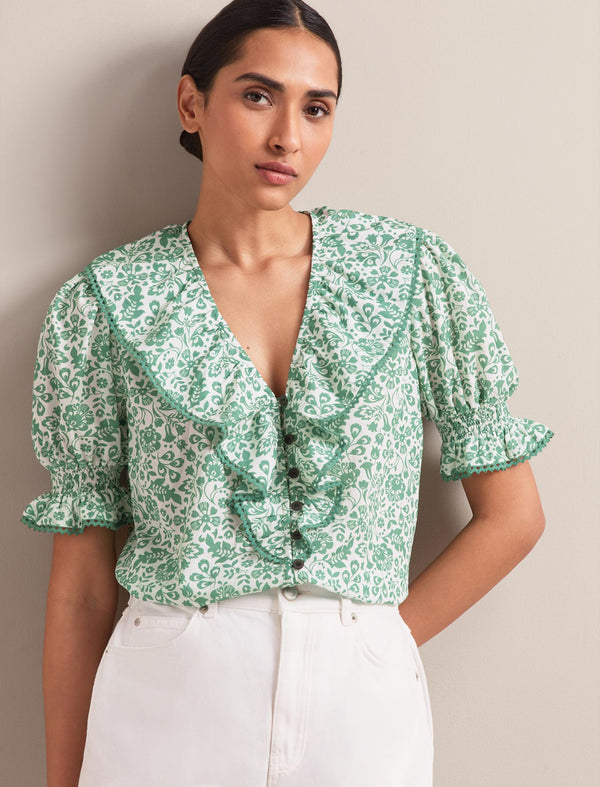 Bethany Cotton Blend Blouse - Green Mono Floral Print