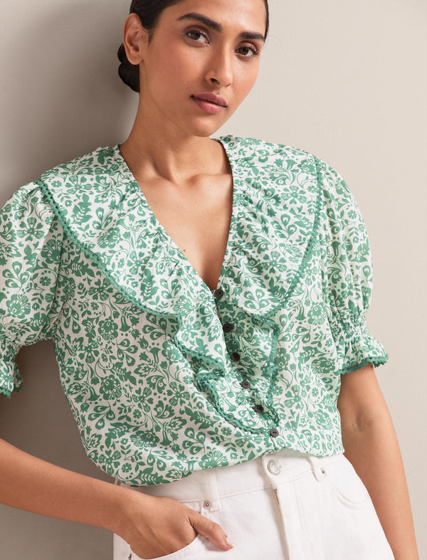Bethany Cotton Blend Blouse - Green Mono Floral Print
