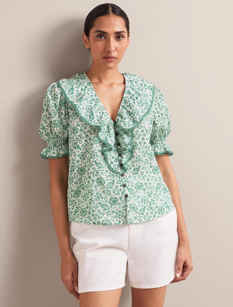 Bethany Cotton Blend Blouse - Green Mono Floral Print