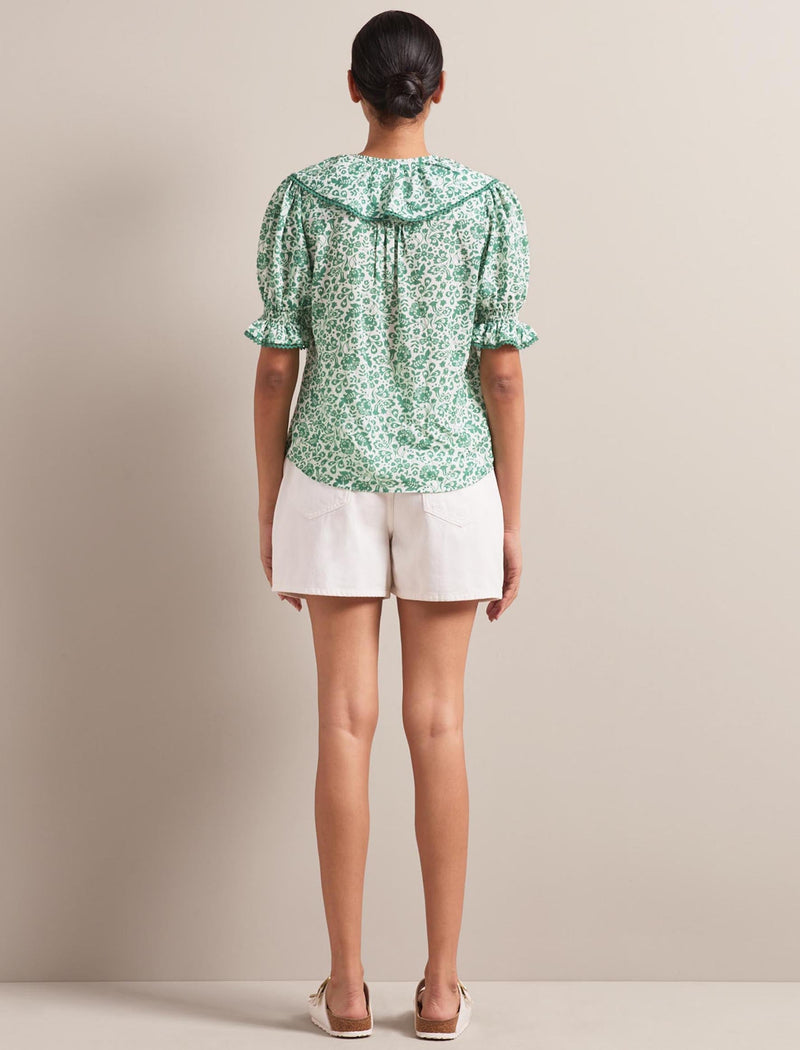 Bethany Cotton Blend Blouse - Green Mono Floral Print