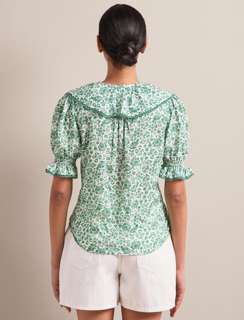 Bethany Cotton Blend Blouse - Green Mono Floral Print