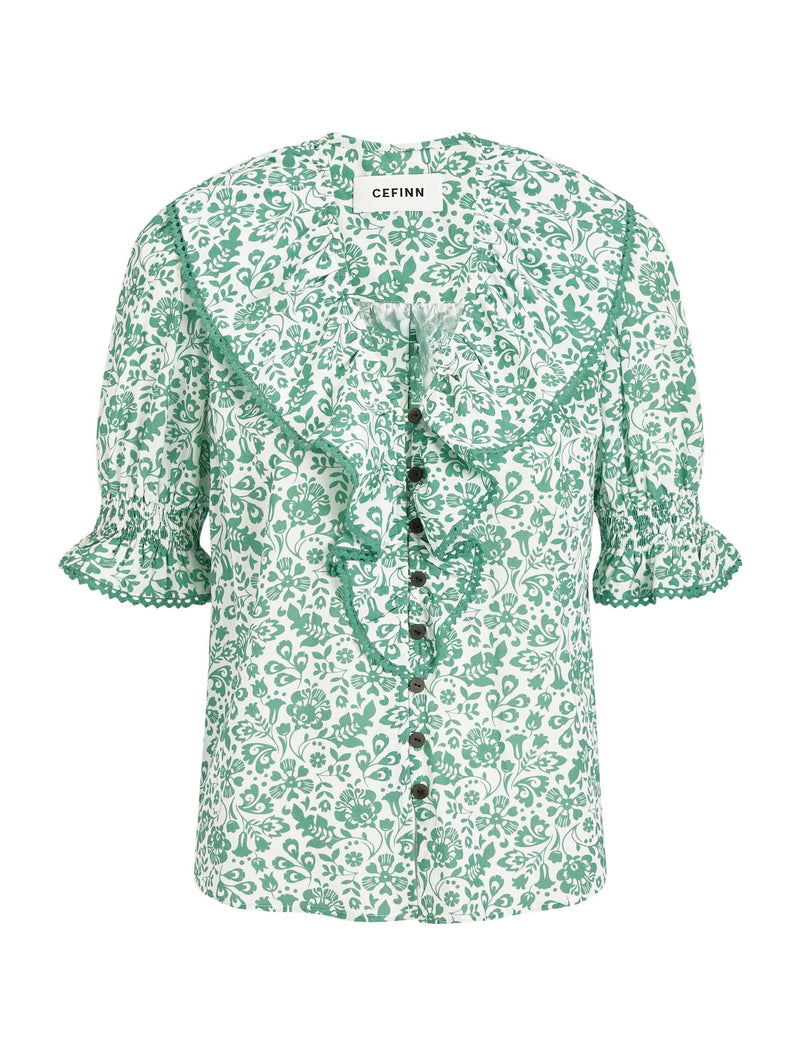 Bethany Cotton Blend Blouse - Green Mono Floral Print