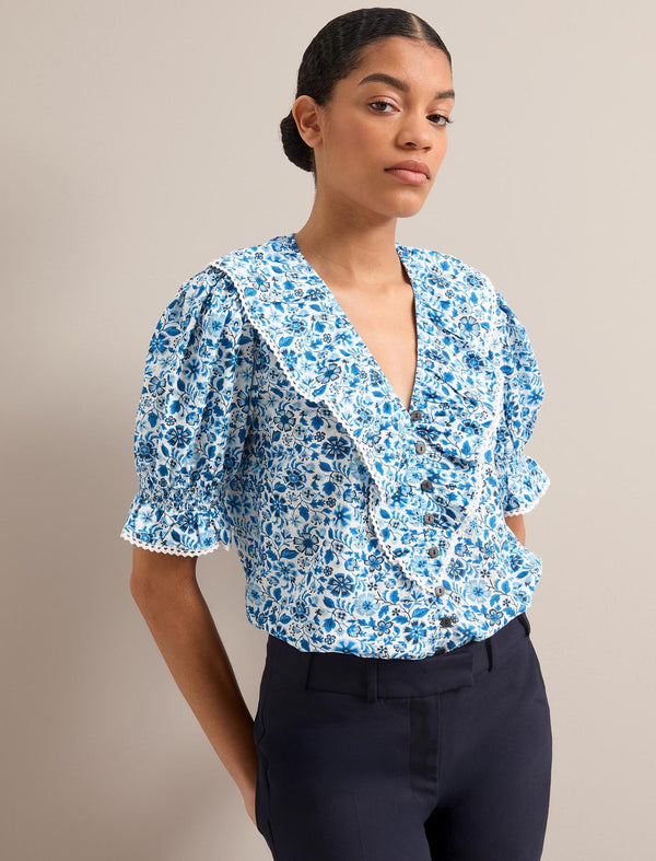 Bethany Cotton Blend Blouse - White Blue Ditsy Carnation Print