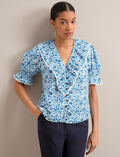 Bethany Cotton Blend Blouse - White Blue Ditsy Carnation Print