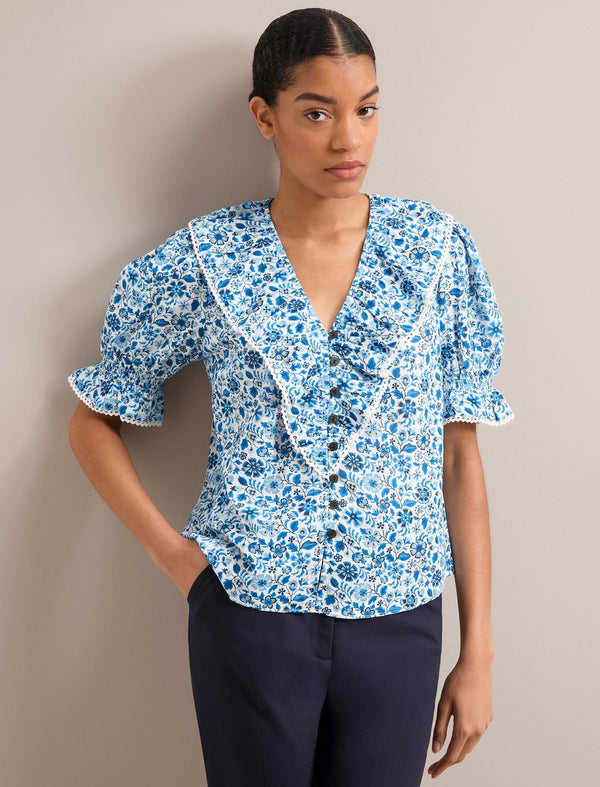 Bethany Cotton Blend Blouse - White Blue Ditsy Carnation Print