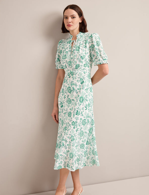 Irina Cotton Blend Midi Dress - Green Palm Floral Print