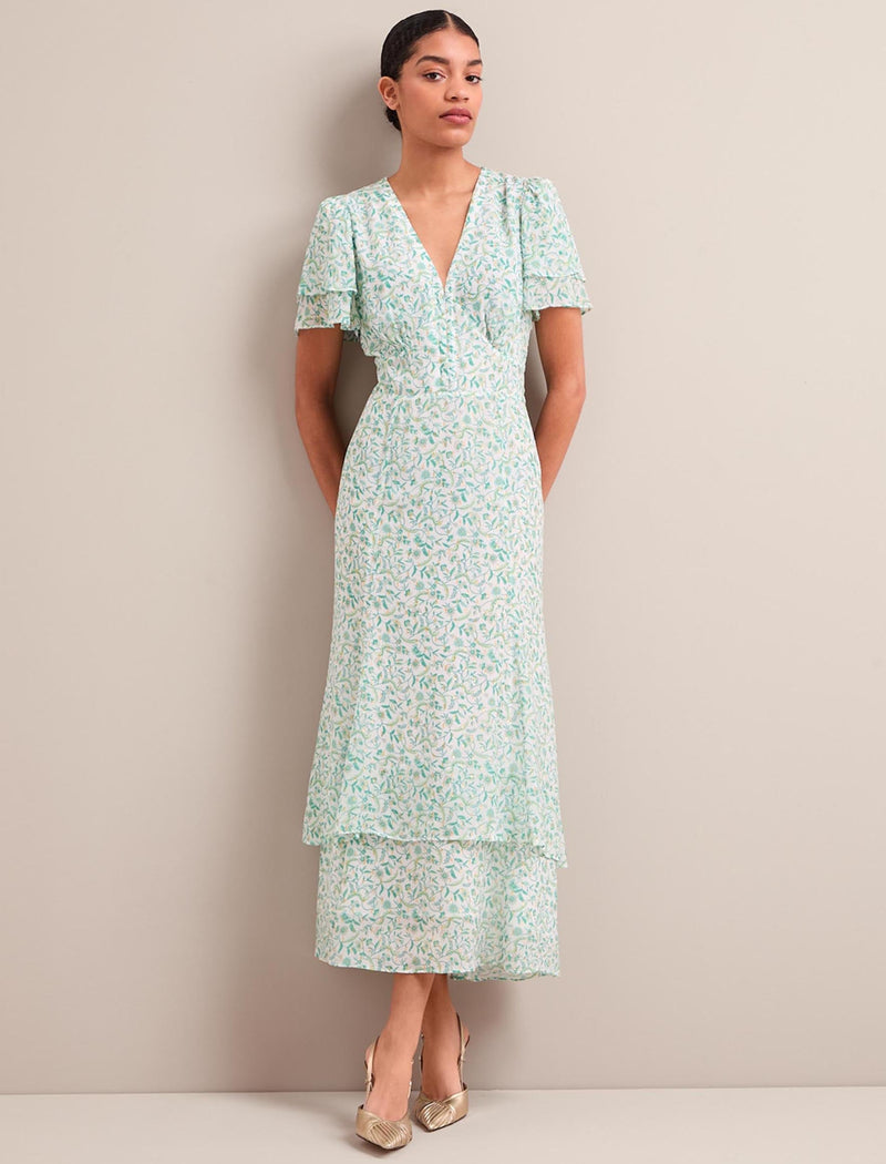 Lotta Gold Metallic Fil Coupé Maxi Dress - Green Yellow Trailing Feather Print