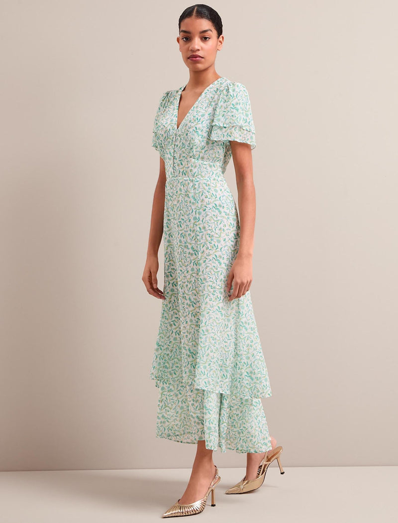 Lotta Gold Metallic Fil Coupé Maxi Dress - Green Yellow Trailing Feather Print