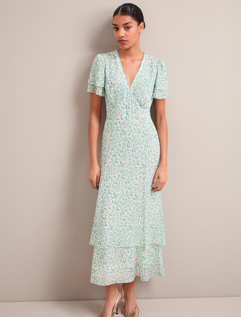 Lotta Gold Metallic Fil Coupé Maxi Dress - Green Yellow Trailing Feather Print