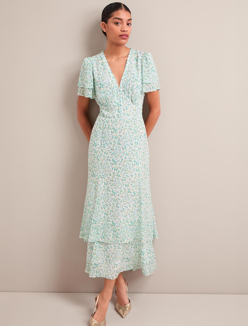 Lotta Gold Metallic Fil Coupé Maxi Dress - Green Yellow Trailing Feather Print