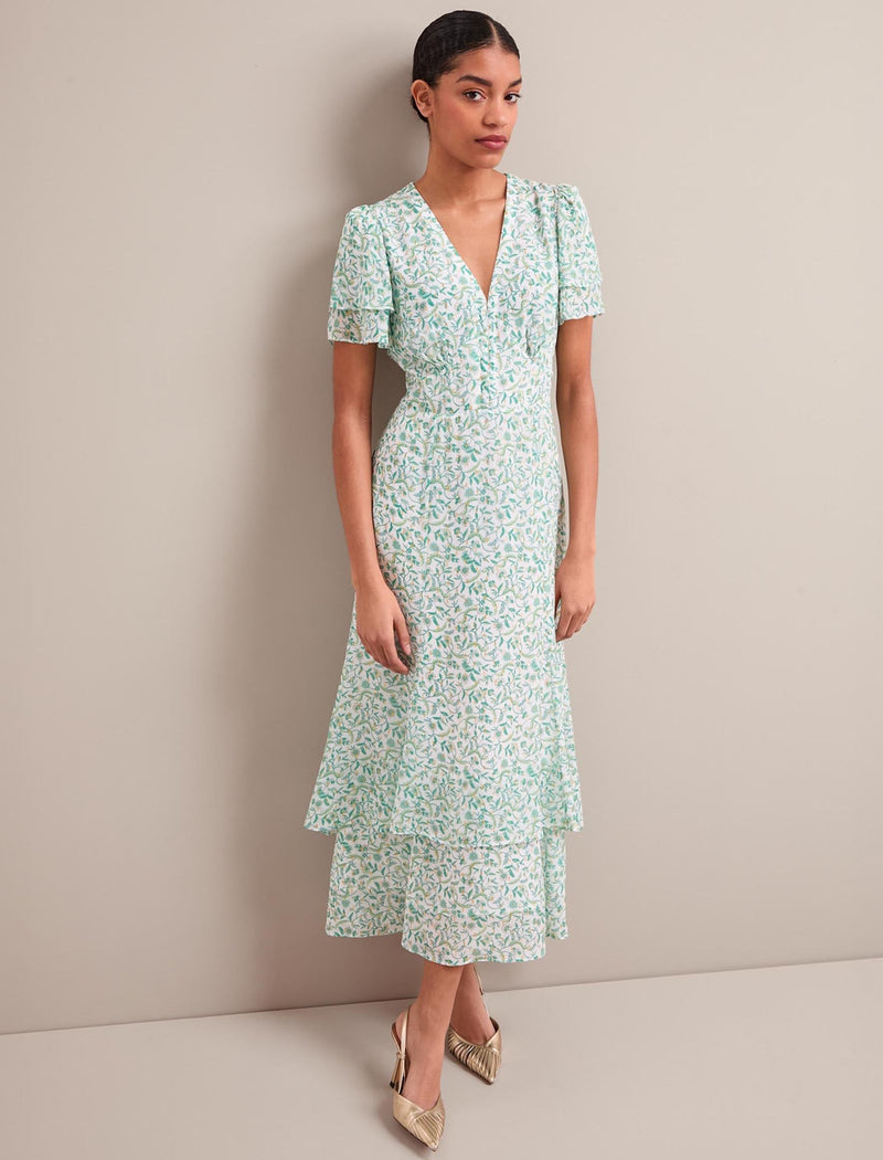 Lotta Gold Metallic Fil Coupé Maxi Dress - Green Yellow Trailing Feather Print