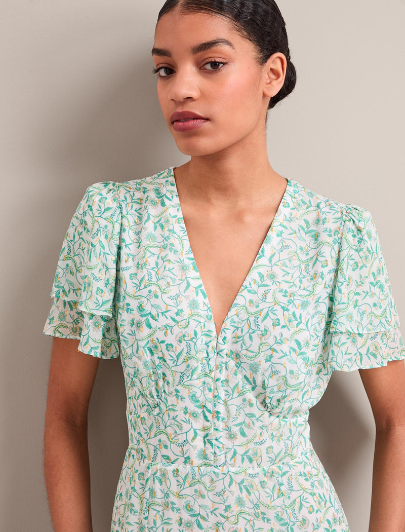 Lotta Gold Metallic Fil Coupé Maxi Dress - Green Yellow Trailing Feather Print