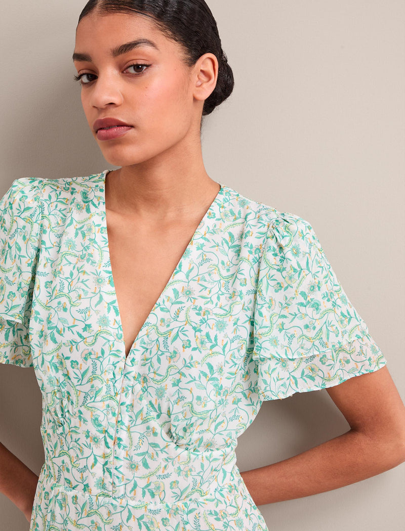 Lotta Gold Metallic Fil Coupé Maxi Dress - Green Yellow Trailing Feather Print