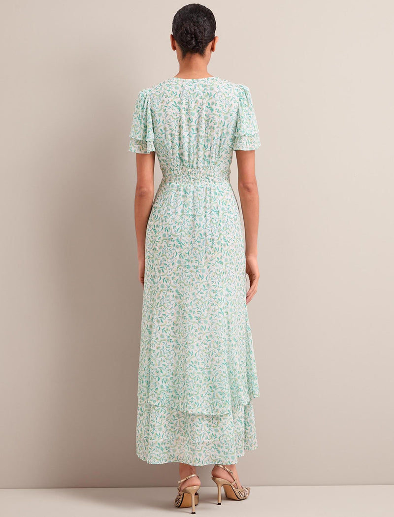 Lotta Gold Metallic Fil Coupé Maxi Dress - Green Yellow Trailing Feather Print