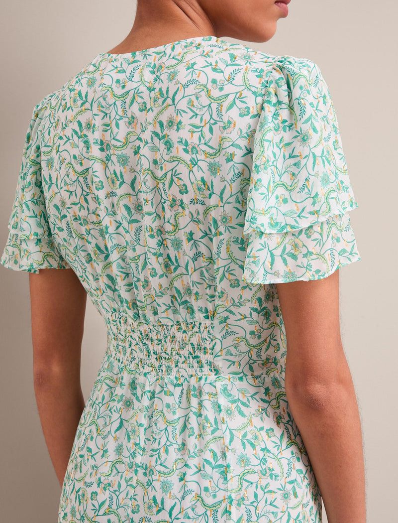 Lotta Gold Metallic Fil Coupé Maxi Dress - Green Yellow Trailing Feather Print