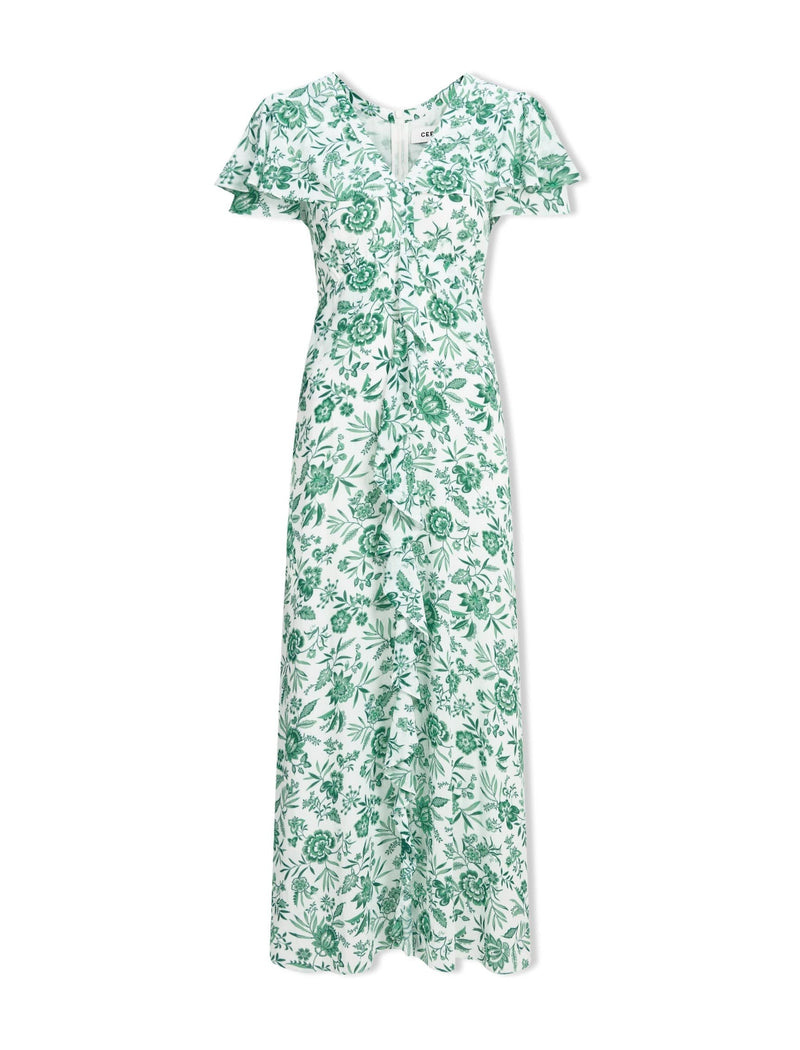 Lotta Gold Metallic Fil Coupé Maxi Dress - Green Yellow Trailing Feather Print