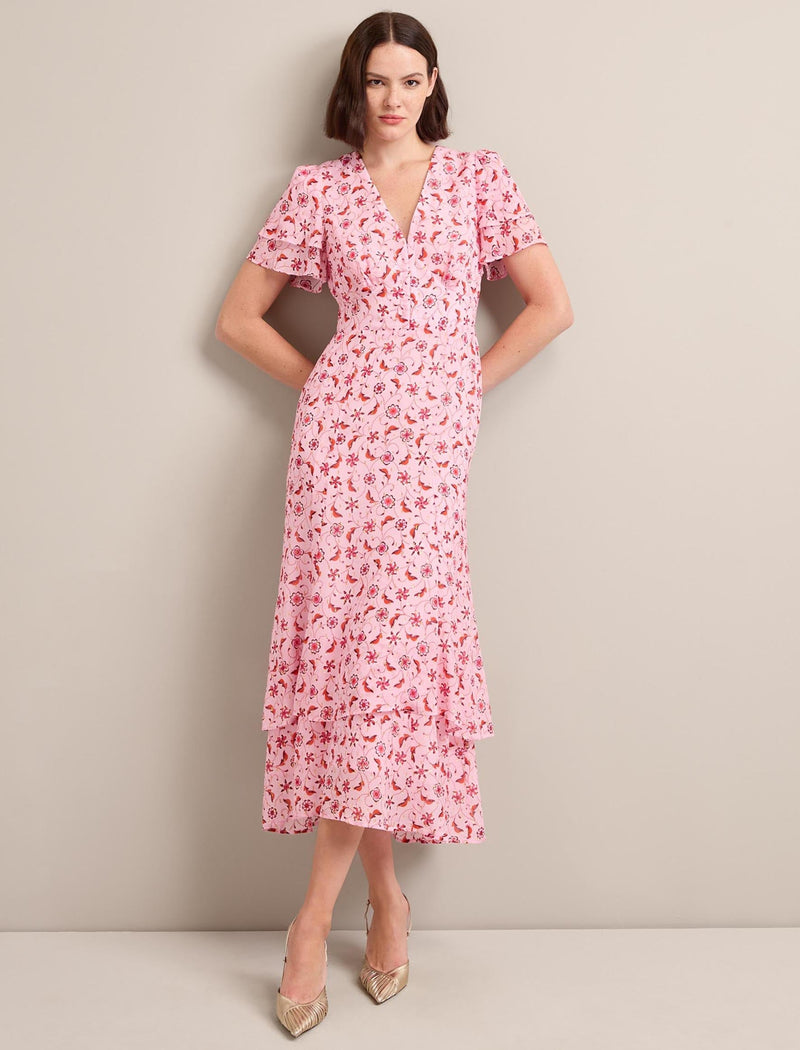 Lotta Gold Metallic Fil Coupé Maxi Dress - Pink Floral Trellis Print