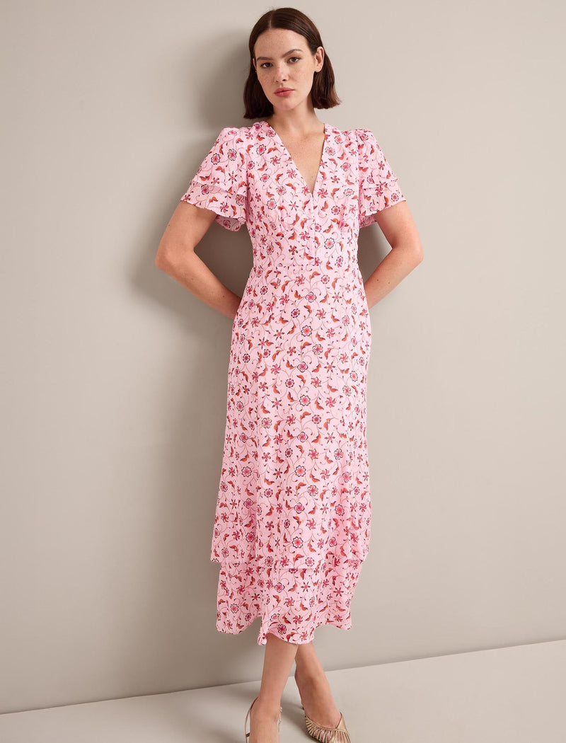 Lotta Gold Metallic Fil Coupé Maxi Dress - Pink Floral Trellis Print