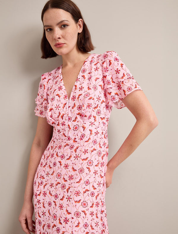 Lotta Gold Metallic Fil Coupé Maxi Dress - Pink Floral Trellis Print