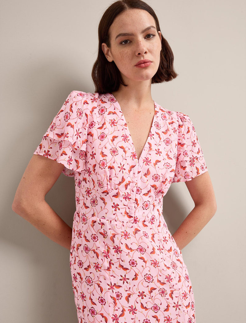 Lotta Gold Metallic Fil Coupé Maxi Dress - Pink Floral Trellis Print