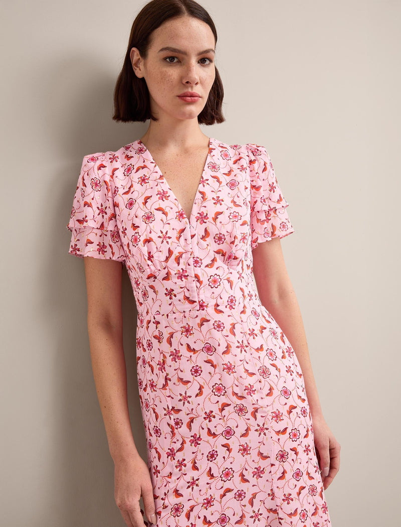 Lotta Gold Metallic Fil Coupé Maxi Dress - Pink Floral Trellis Print