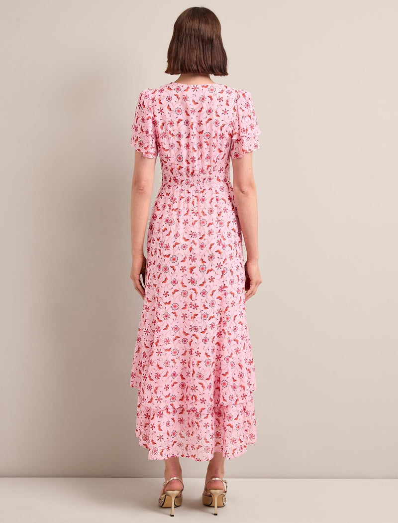 Lotta Gold Metallic Fil Coupé Maxi Dress - Pink Floral Trellis Print