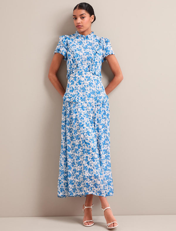 Mirabel Gold Metallic Fil Coupé Maxi Dress - White Blue Paisley Print