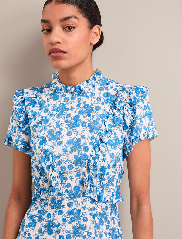 Mirabel Gold Metallic Fil Coupé Maxi Dress - White Blue Paisley Print