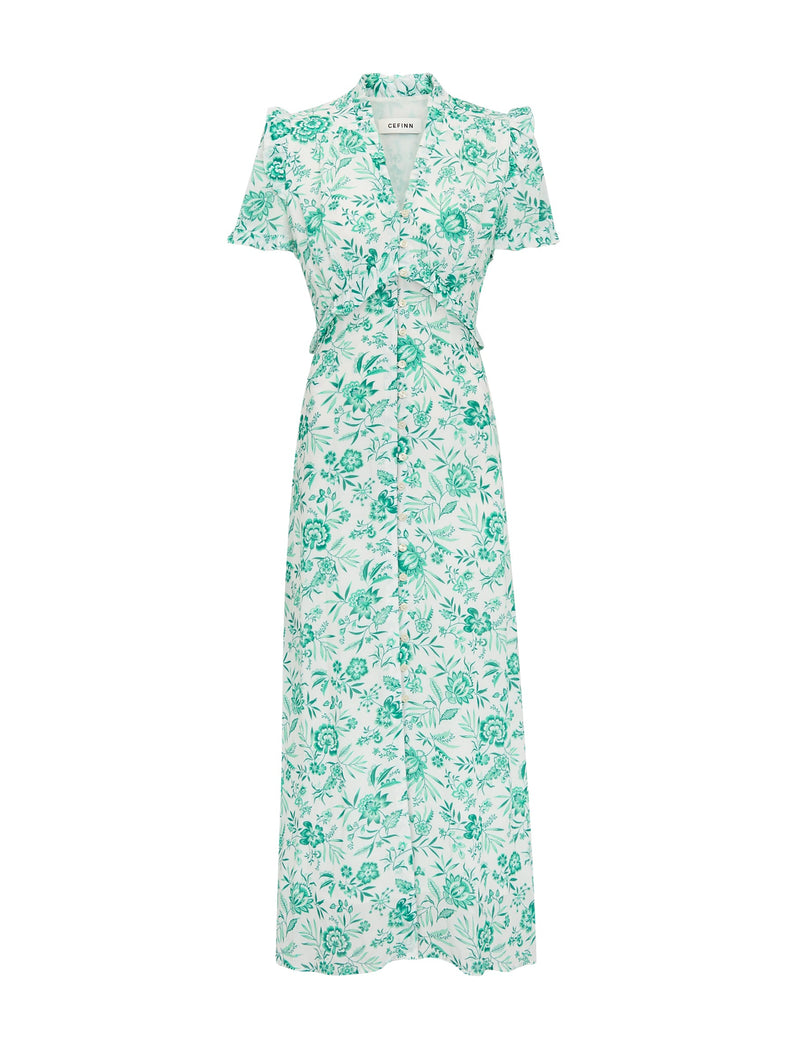 Liliana Cotton Blend Maxi Dress - Green Palm Floral Print