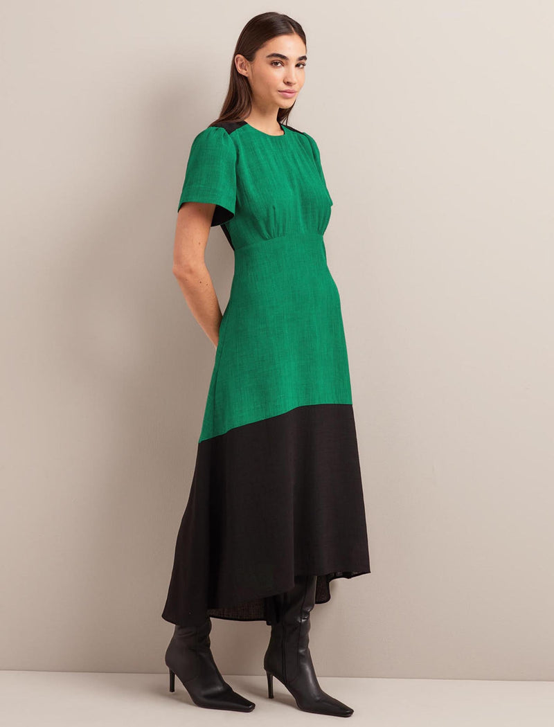 Carey Techni Voile Midi Dress - Emerald Green Black