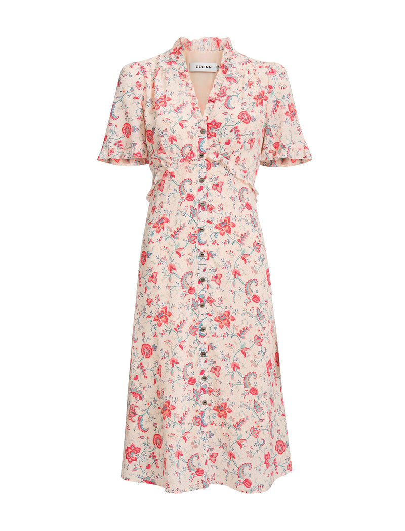 Tabby Silk Dress - Cream Multi Trailing Floral Print