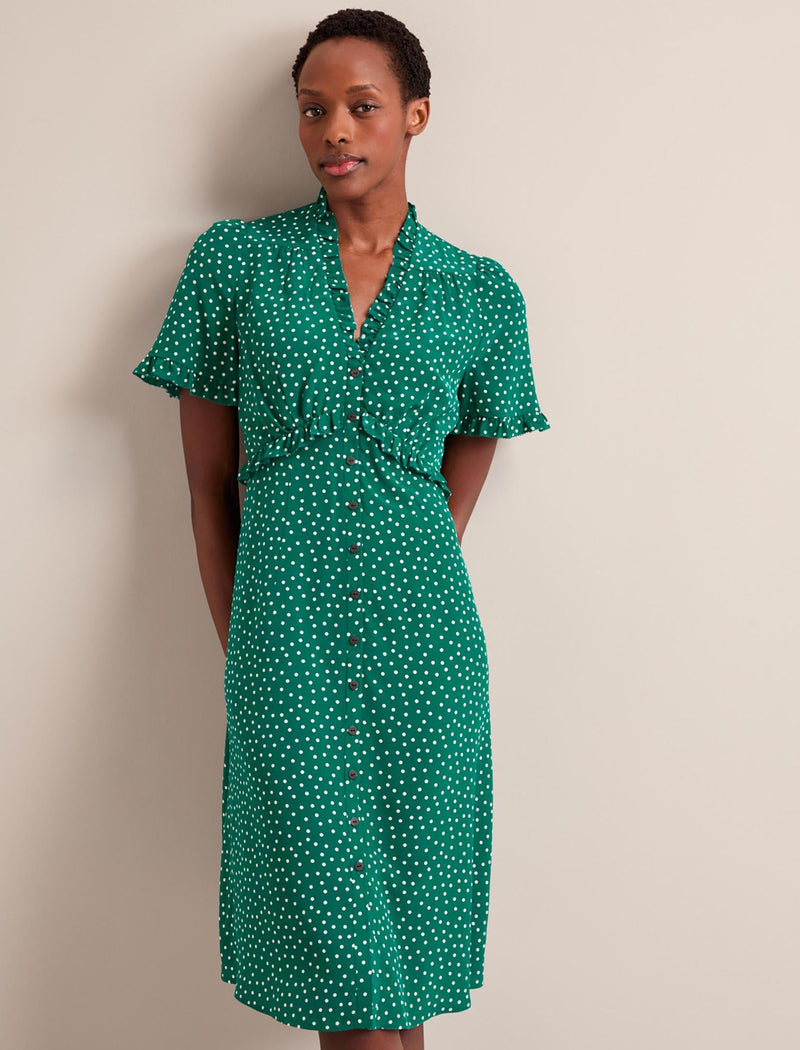 Tabby Silk Dress - Green Cream Polka Dot