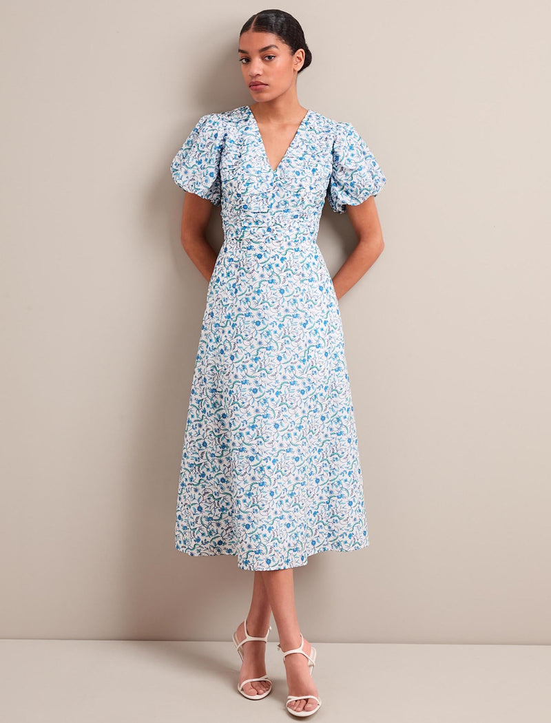 Elisa Silk Blend Midi Dress - Blue Trailing Feather Print