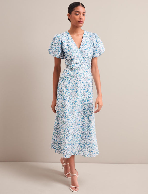 Elisa Silk Blend Midi Dress - Blue Trailing Feather Print