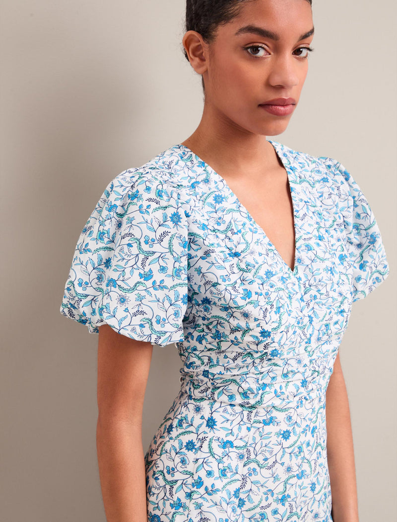 Elisa Silk Blend Midi Dress - Blue Trailing Feather Print
