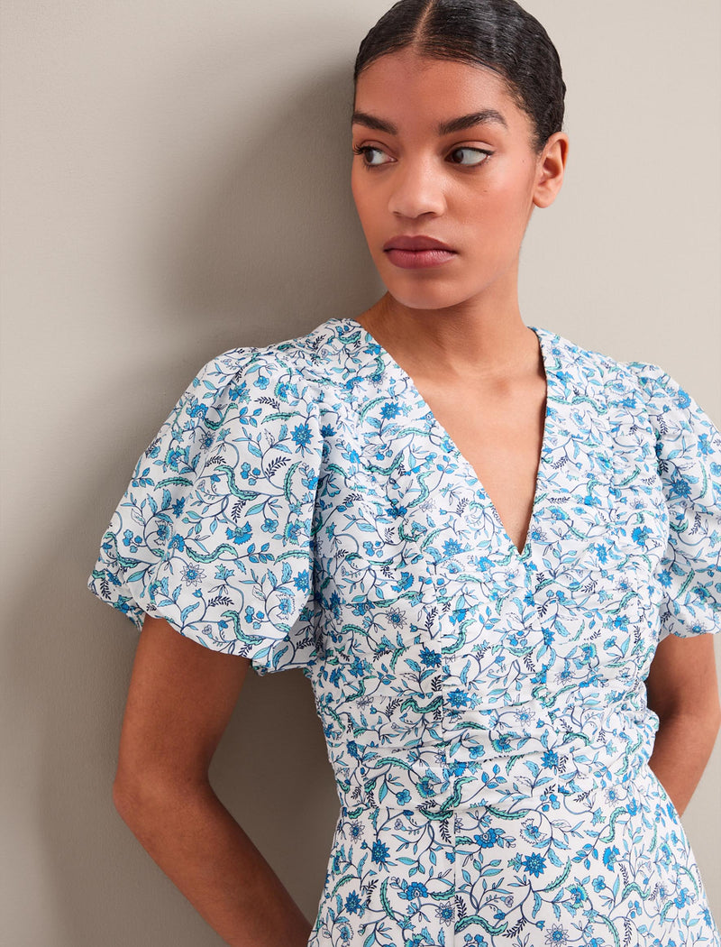 Elisa Silk Blend Midi Dress - Blue Trailing Feather Print