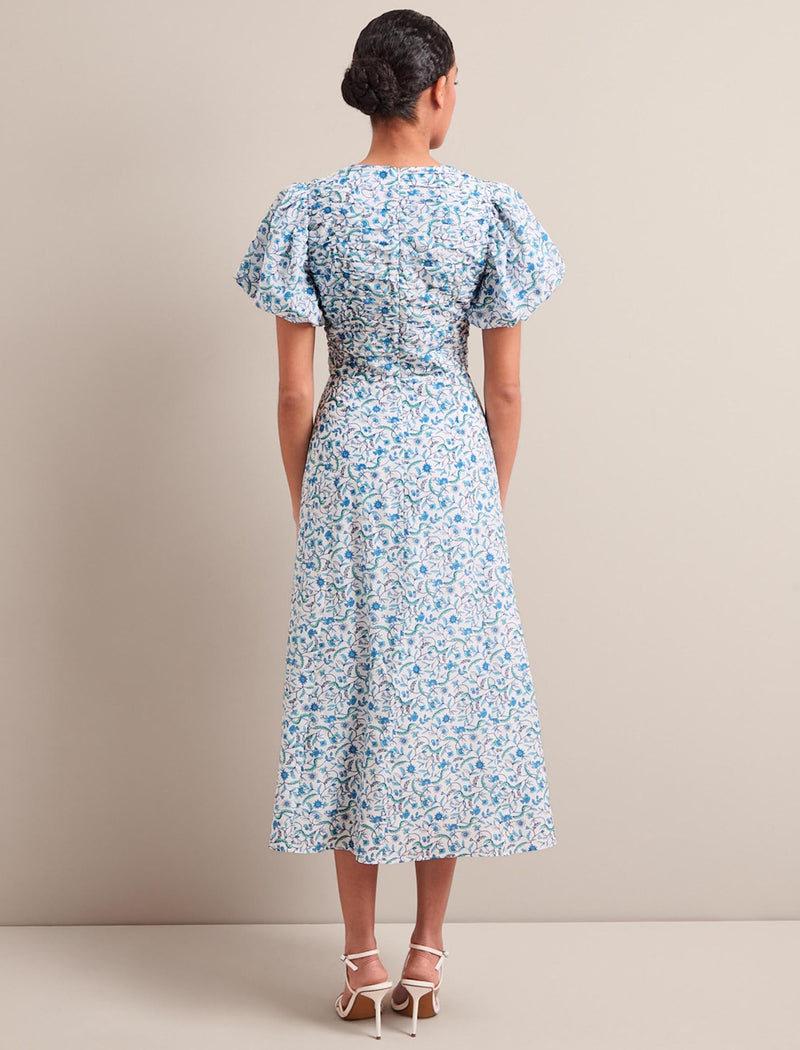 Elisa Silk Blend Midi Dress - Blue Trailing Feather Print