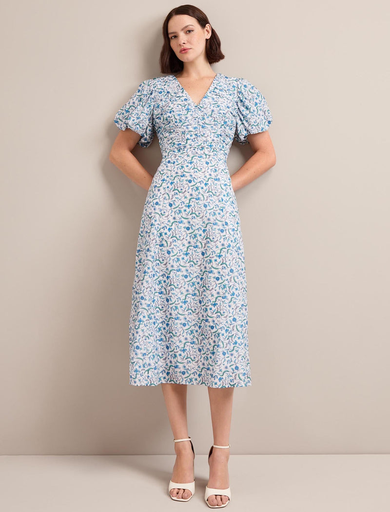 Elisa Silk Blend Midi Dress - Blue Trailing Feather Print