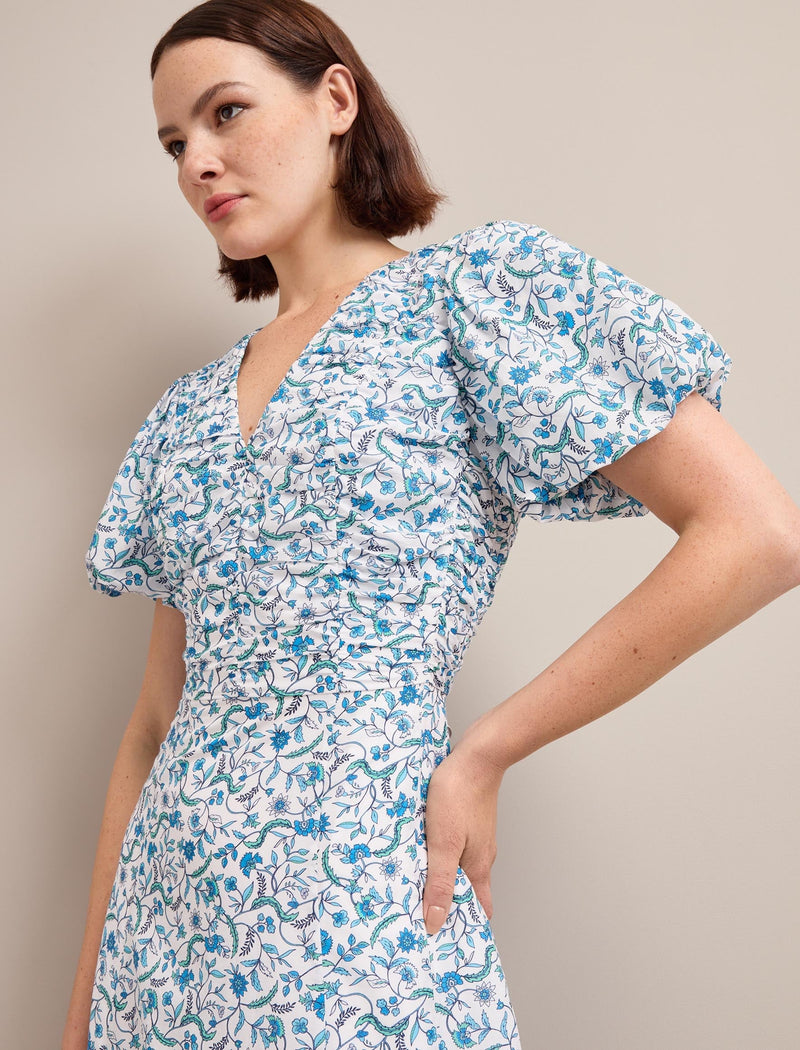 Elisa Silk Blend Midi Dress - Blue Trailing Feather Print